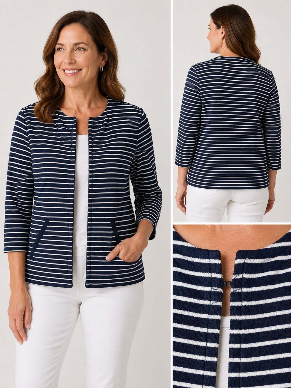 Chico’s Navy Striped Jersey Knit Jacket Pockets Size 1 (US Medium 8/10)